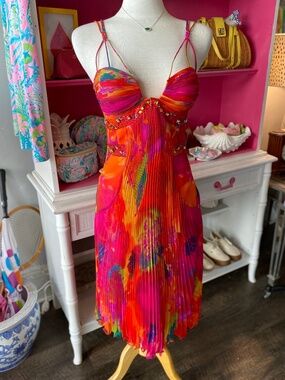 Diane Freis tropical beaded silk midi dress size 6